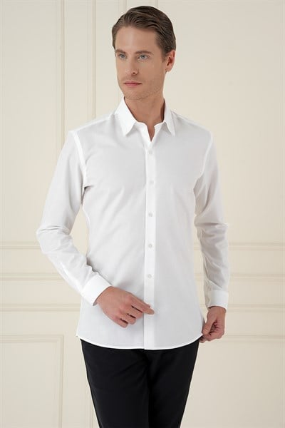 Slim Fit %100 Pamuk Uzun Kol Dokulu Beyaz Gömlek  Gk 749