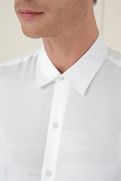Slim Fit %100 Pamuk Uzun Kol Dokulu Beyaz Gömlek  Gk 749