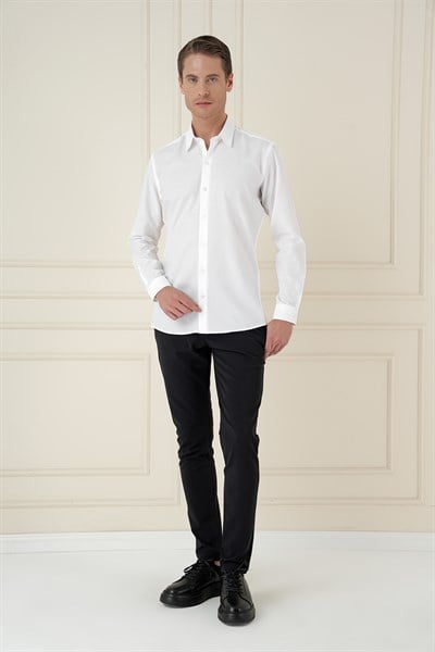 Slim Fit %100 Pamuk Uzun Kol Dokulu Beyaz Gömlek  Gk 749