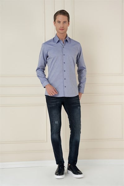 Slim Fit %100 Pamuk Uzun Kol Dokulu İndigo Gömlek  Gk 749