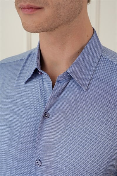 Slim Fit %100 Pamuk Uzun Kol Dokulu İndigo Gömlek  Gk 749
