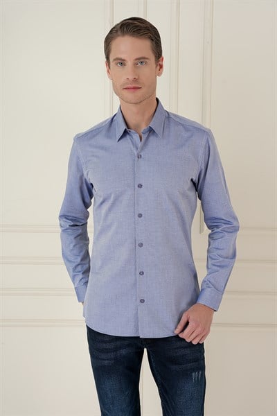 Slim Fit %100 Pamuk Uzun Kol Dokulu İndigo Gömlek  Gk 749