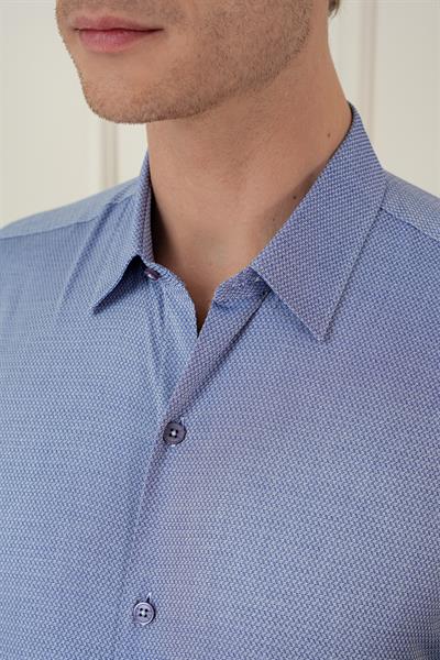 Slim Fit %100 Pamuk Uzun Kol Dokulu Klasik İndigo Gömlek  Gk 749