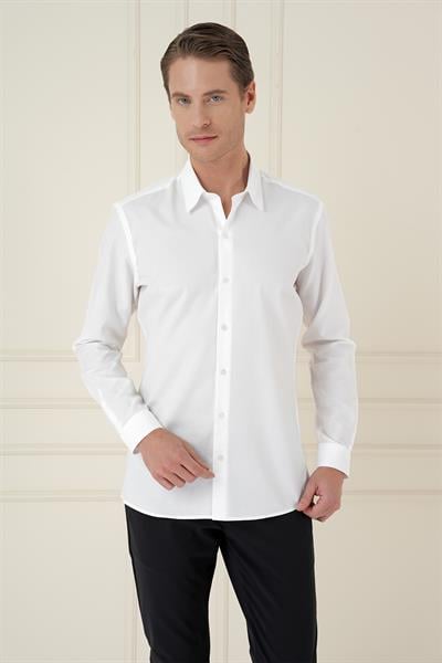 Slim Fit %100 Pamuk Uzun Kol Dokulu Klasik Beyaz Gömlek  Gk 749