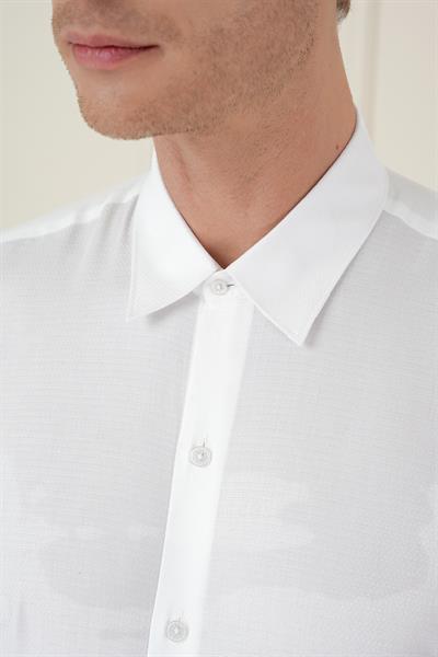 Slim Fit %100 Pamuk Uzun Kol Dokulu Beyaz Gömlek  Gk 749