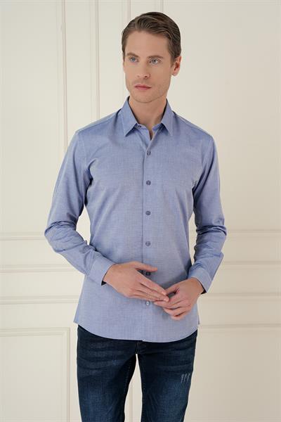 Slim Fit %100 Pamuk Uzun Kol Dokulu Klasik İndigo Gömlek  Gk 749