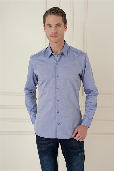 Slim Fit %100 Pamuk Uzun Kol Dokulu Klasik İndigo Gömlek  Gk 749