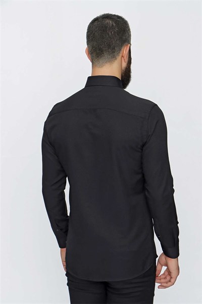 Slim Fit %100 Pamuk Yaka Zincirli Uzun Kollu Siyah Gömlek GK 647