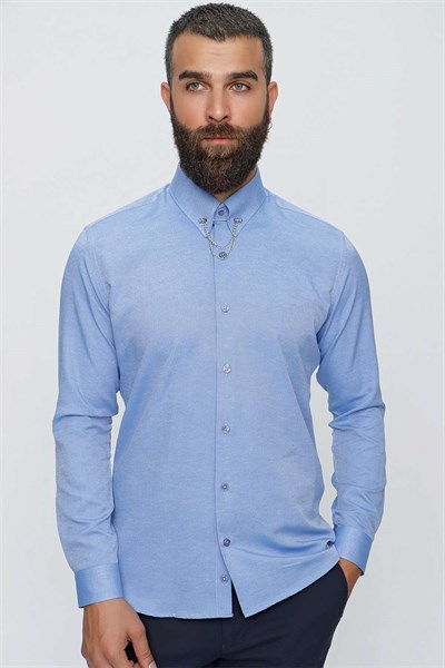 Slim Fit %100 Pamuk Yaka Zincirli Uzun Kollu Mavi Gömlek GK 647