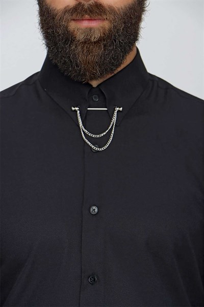 Slim Fit %100 Pamuk Yaka Zincirli Uzun Kollu Siyah Gömlek GK 647