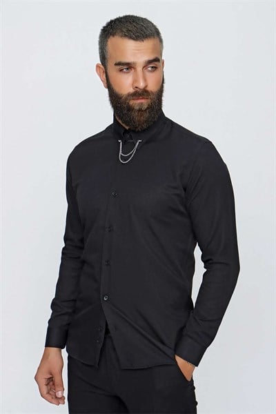 Slim Fit %100 Pamuk Yaka Zincirli Uzun Kollu Siyah Gömlek GK 647