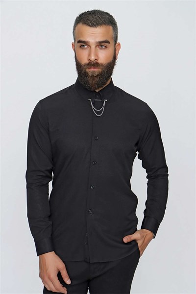 Slim Fit %100 Pamuk Yaka Zincirli Uzun Kollu Siyah Gömlek GK 647