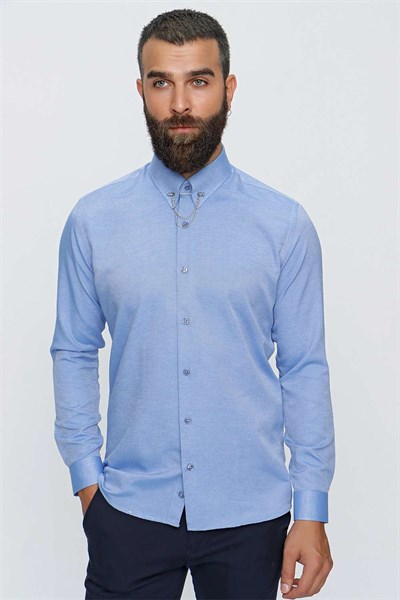 Slim Fit %100 Pamuk Yaka Zincirli Uzun Kollu Mavi Gömlek GK 647