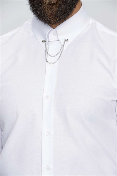 Slim Fit %100 Pamuk Yaka Zincirli Uzun Kollu Beyaz Gömlek GK 647
