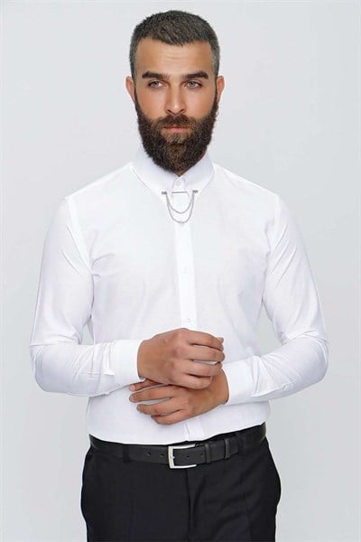 Slim Fit %100 Pamuk Yaka Zincirli Uzun Kollu Beyaz Gömlek GK 647