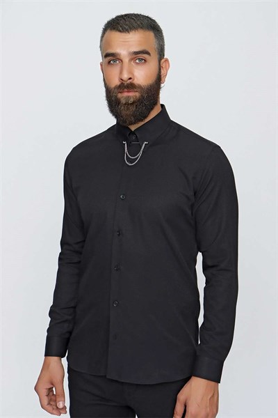 Slim Fit %100 Pamuk Yaka Zincirli Uzun Kollu Siyah Gömlek GK 647