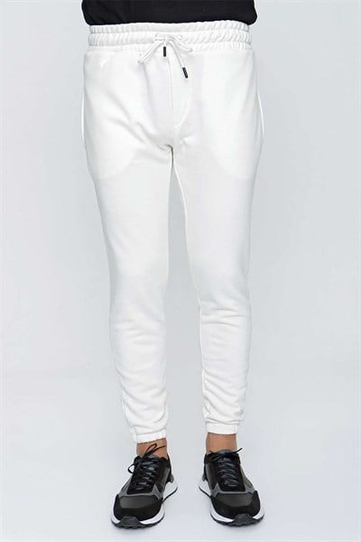 Slim Fit %100 Pamuk Yan Cepli İpli Beyaz Jogger Pantolon ATP 025