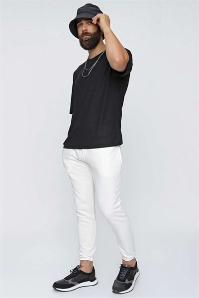 Slim Fit %100 Pamuk Yan Cepli İpli Beyaz Jogger Pantolon ATP 025