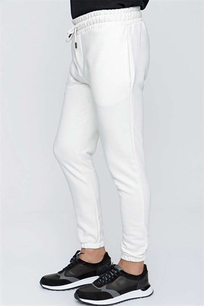Slim Fit %100 Pamuk Yan Cepli İpli Beyaz Jogger Pantolon ATP 025