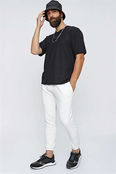 Slim Fit %100 Pamuk Yan Cepli İpli Beyaz Jogger Pantolon ATP 025