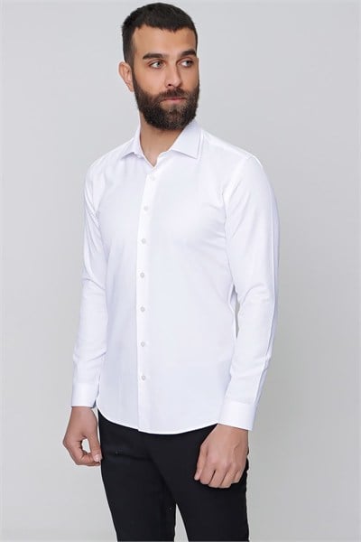 Slim Fit %100 Pamuk Yarım İtalyan Yaka Düz Beyaz Gömlek GK 765
