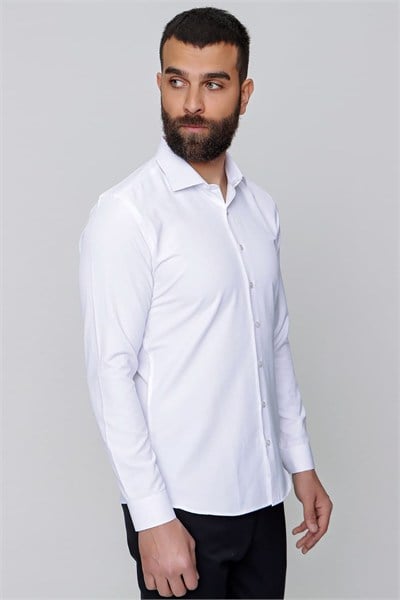 Slim Fit %100 Pamuk Yarım İtalyan Yaka Düz Beyaz Gömlek GK 765