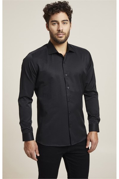 Slim Fit %100 Pamuk Yarım İtalyan Yaka Düz Siyah Gömlek GK 765