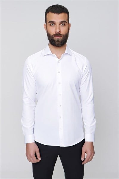 Slim Fit %100 Pamuk Yarım İtalyan Yaka Düz Beyaz Gömlek GK 765