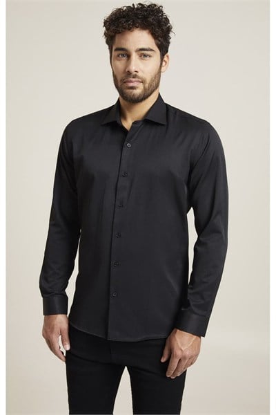 Slim Fit %100 Pamuk Yarım İtalyan Yaka Düz Siyah Gömlek GK 765