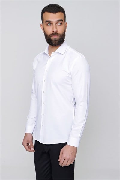 Slim Fit %100 Pamuk Yarım İtalyan Yaka Düz Beyaz Gömlek GK 765