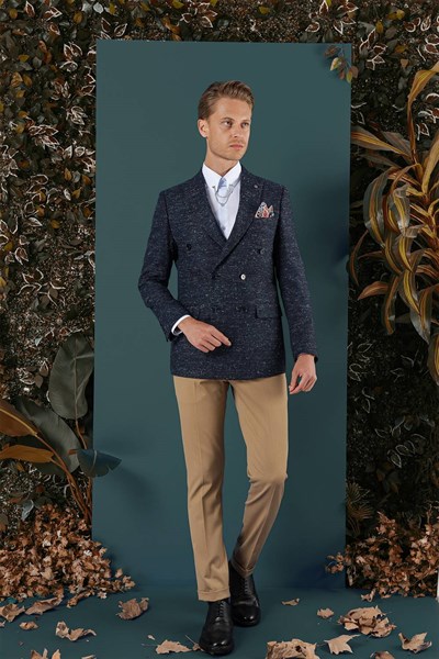 Slim Fit %100 Yün Kırçıllı Dokuma Lacivert Kruvaze Ceket C 654