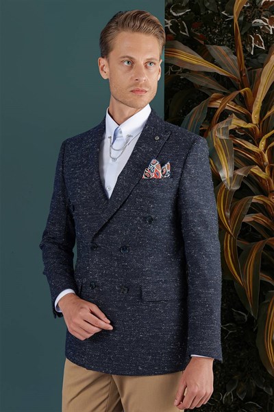 Slim Fit %100 Yün Kırçıllı Dokuma Lacivert Kruvaze Ceket C 654