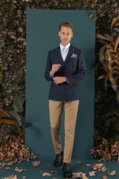 Slim Fit %100 Yün Kırçıllı Dokuma Lacivert Kruvaze Ceket C 654
