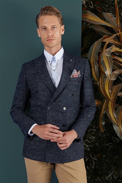 Slim Fit %100 Yün Kırçıllı Dokuma Lacivert Kruvaze Ceket C 654