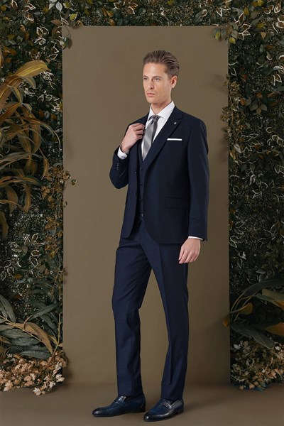 Slim Fit %94 Yün Esnek Pötikare Desenli Lacivert Yelekli Takım Elbise TK 887