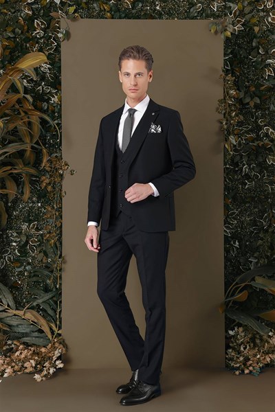 Slim Fit %94 Yün Esnek Pötikare Desenli Siyah Yelekli Takım Elbise TK 887