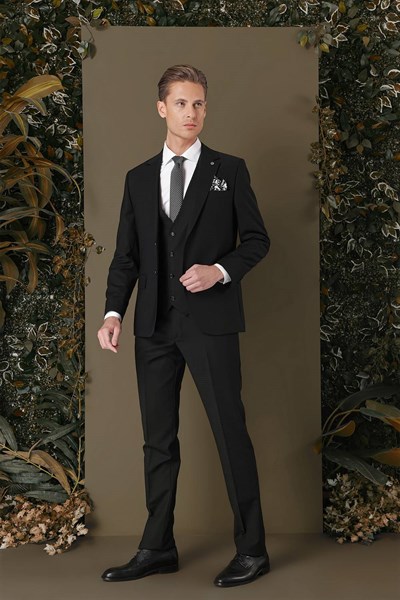 Slim Fit %94 Yün Esnek Pötikare Desenli Siyah Yelekli Takım Elbise TK 887