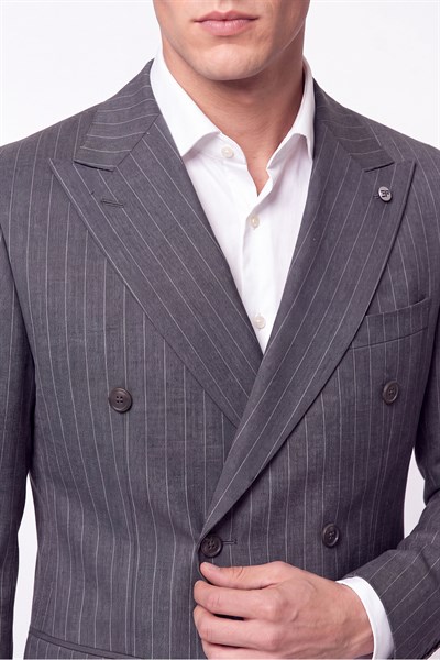 Slim Fit %96 Yünlü Çift Yırtmaç Çizgili Gri Kruvaze Takım Elbise TK 954
