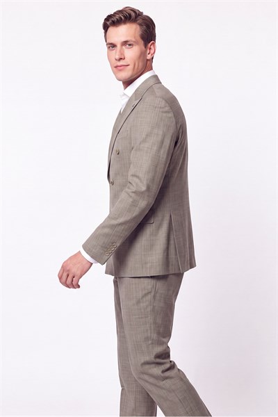 Slim Fit %96 Yünlü Çift Yırtmaç Çizgili Bej Kruvaze Takım Elbise TK 954