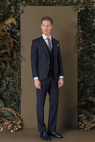 Slim Fit %97 Yün Esnek Lacivert Yelekli Takım Elbise TK 881