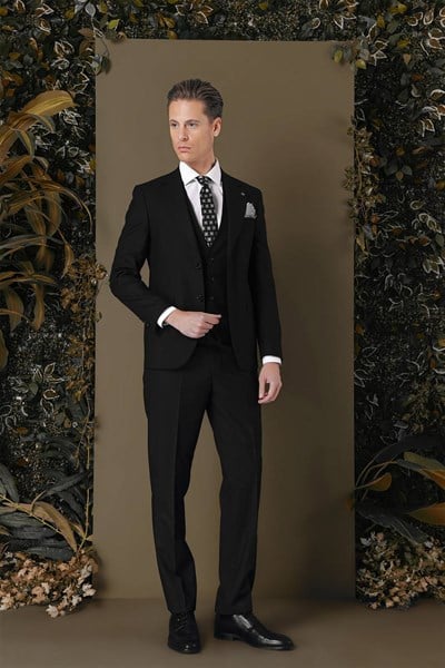 Slim Fit %97 Yün Esnek Siyah Yelekli Takım Elbise TK 881