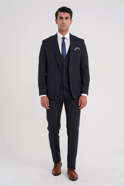 Slim Fit %97 Yün İtalyan Cerruti Kumaş Sivri Yaka Lacivert Yelekli Takım Elbise TK 926