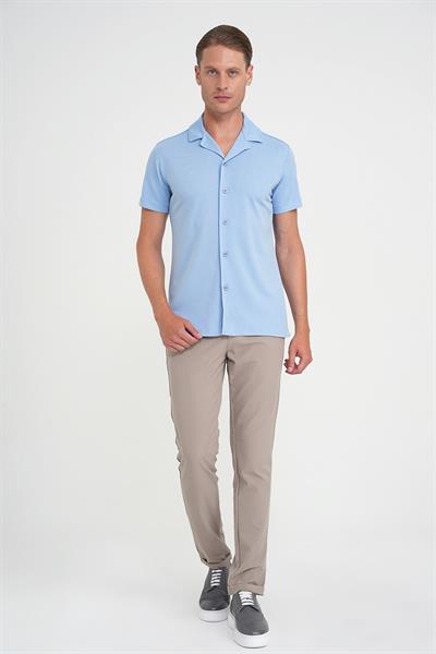 Slim Fit Apaş Yaka Modal Karışımlı Kısa Kollu Mavi Gömlek G 1590