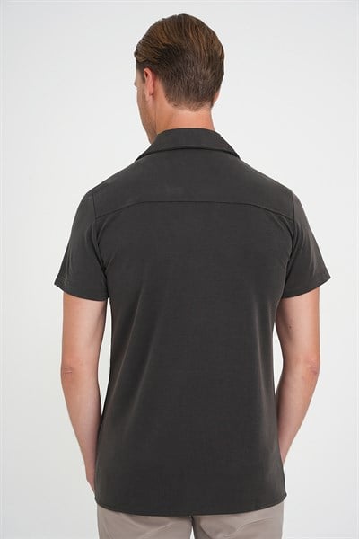 Slim Fit Apaş Yaka Modal Karışımlı Kısa Kollu Kahverengi Gömlek G 1590