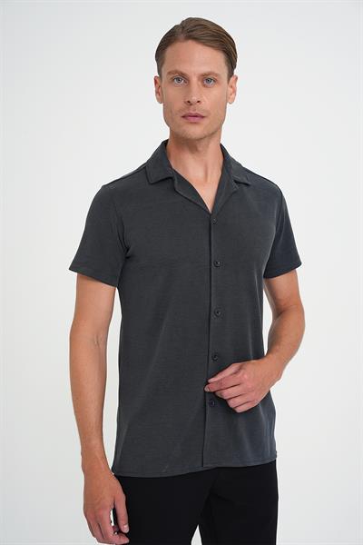 Slim Fit Apaş Yaka Modal Karışımlı Kısa Kol İndigo Gömlek G 1590