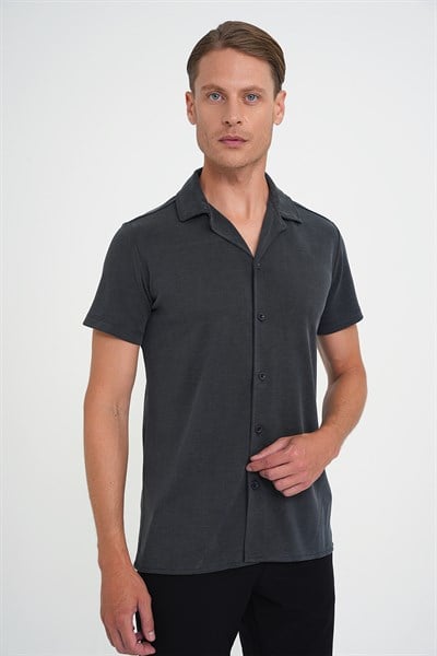 Slim Fit Apaş Yaka Modal Karışımlı Kısa Kollu İndigo Gömlek G 1590