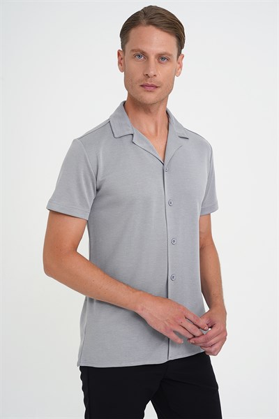 Slim Fit Apaş Yaka Modal Karışımlı Kısa Kollu Gri Gömlek G 1590