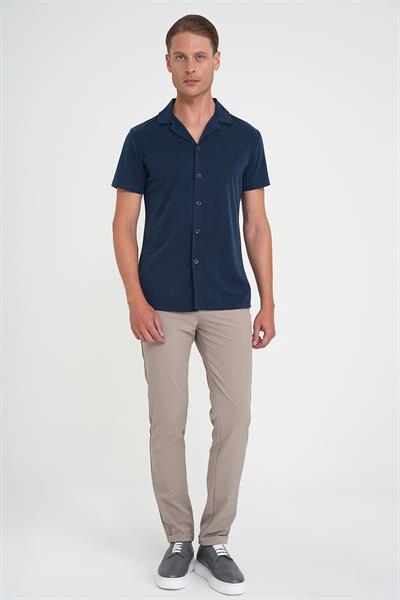 Slim Fit Apaş Yaka Modal Karışımlı Kısa Kollu Lacivert Gömlek G 1590