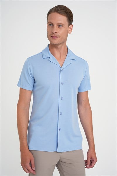 Slim Fit Apaş Yaka Modal Karışımlı Kısa Kollu Mavi Gömlek G 1590