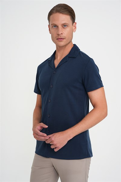 Slim Fit Apaş Yaka Modal Karışımlı Kısa Kollu Lacivert Gömlek G 1590